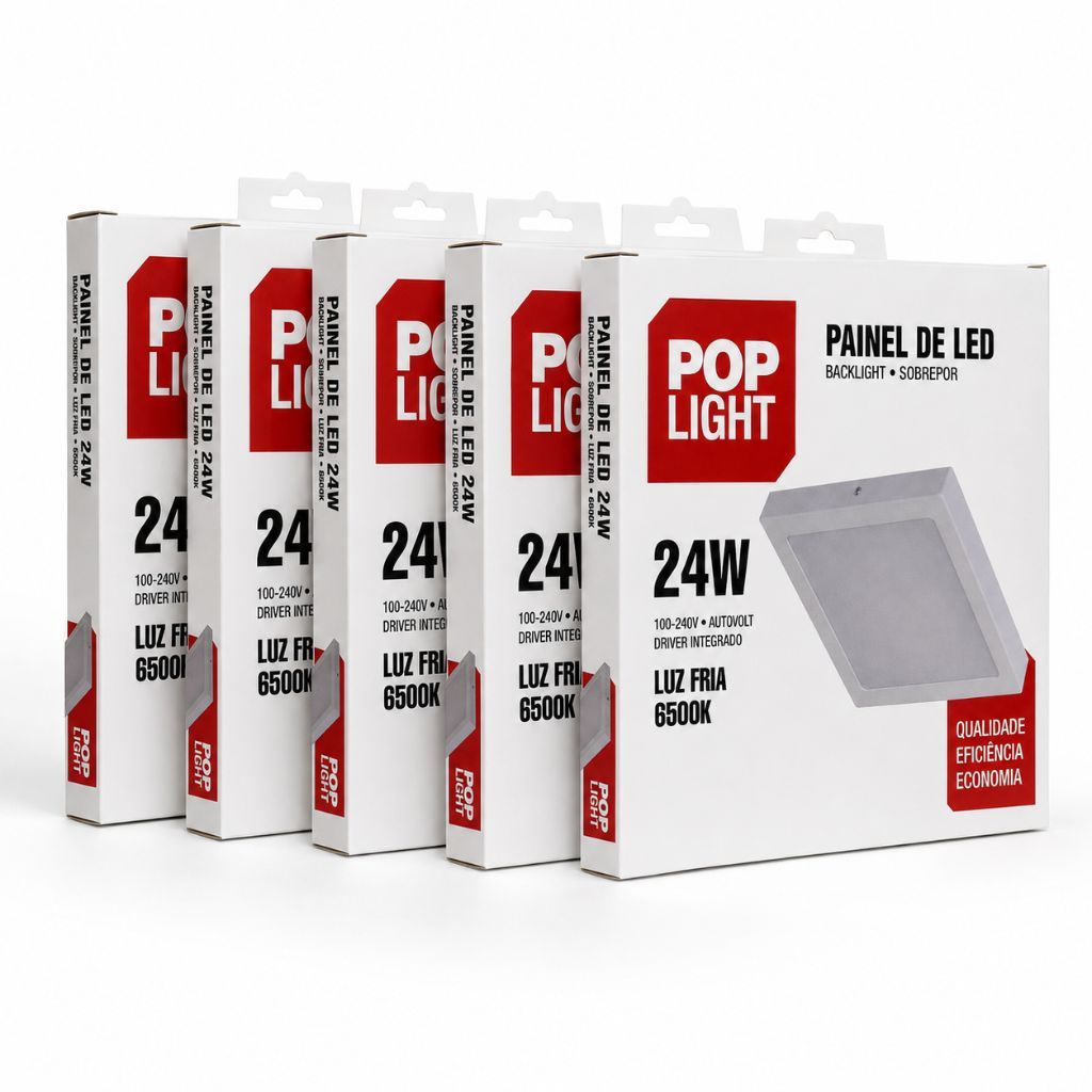 Kit 5 Painéis Plafon LED Pop Light Quadrado Sobrepor 24W 6500K Luz branca Bivolt