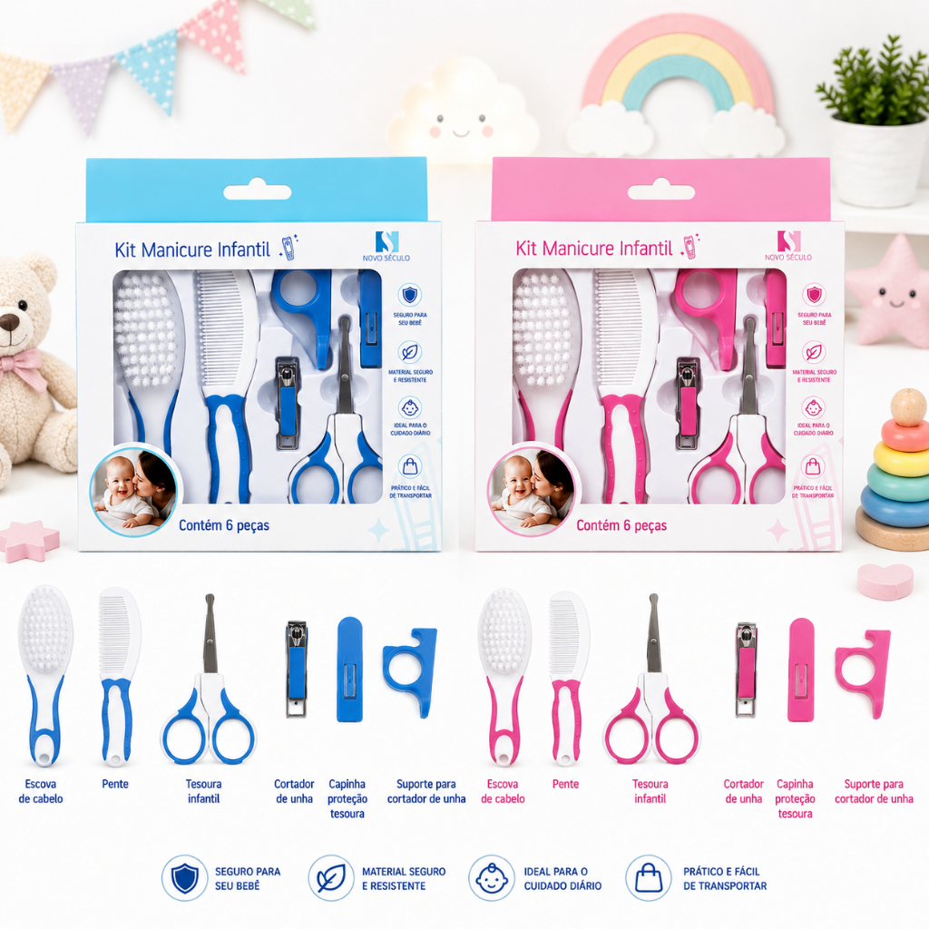 Kit Higiene Bebê Completo 5 Peças Escova Pente Tesoura Cortador