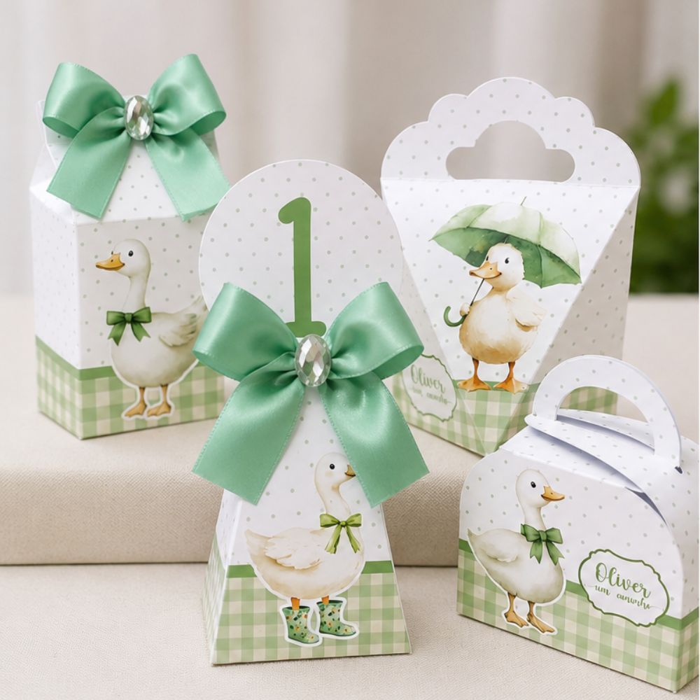 Kit Caixas Personalizadas GANSO VERDE Lembrancinhas Festa Infantil Aniversário Patinho aquarela Caixas Desmontadas