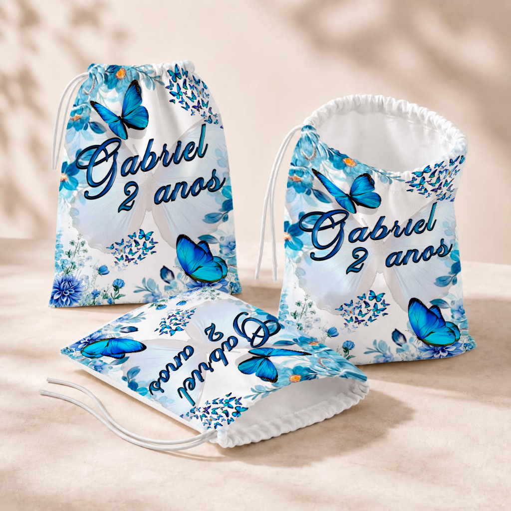 20 Sacolinhas Personalizada Festa Infantil 18x26 Aniversário Lembrancinha Borboleta Azul Jardim Encantado M2