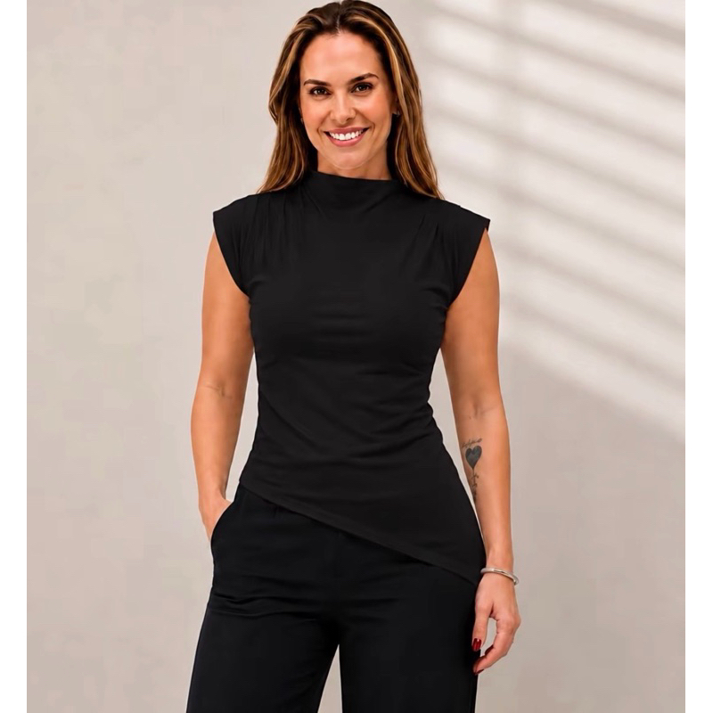 BLUSA FEMININA GOLA ALTA ASSIMÉTRICA RIBANA CANELADA BÁSICA E MODERNA CONFORTO MODINHA