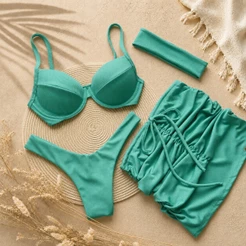 Biquíni Meia Taça Aro Calcinha Asa Delta Saida de Praia Faixa Moda Praia Canelado Verão fio dental Conjunto Kit Trikini