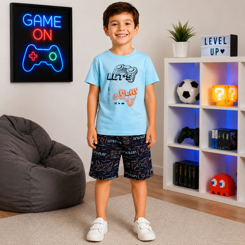 Conjunto Infantil Menino | Camiseta em Malha Algodão Com Estampa Frontal Game e Bermuda em Tactel Estampada