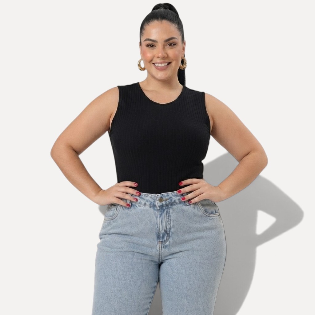 Regata Feminina Preta Canelada Gola Redonda Leve Básica Elegante