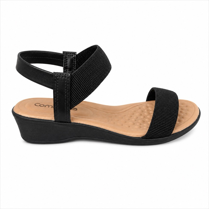 Sandália Comfortflex Feminina Preta Anabela Confortável Casual com Tiras e Solado Antiderrapante