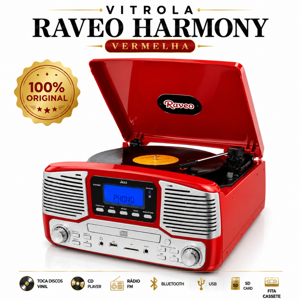 Vitrola Retrô Vintage Raveo Harmony Vermelha Bluetooth Toca Discos Vinil CD USB FM BIVOLT