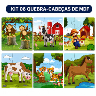 Kit 6 Jogos Quebra Cabeça Animais Infantil Fazenda Mdf 9 peças