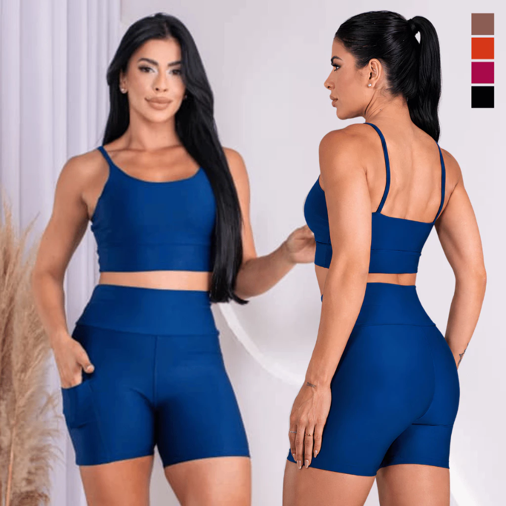 Conjunto Esportivo Com Bolso Bermuda Cós Alto e Top Feminino Corrida Atividade Dia a Dia