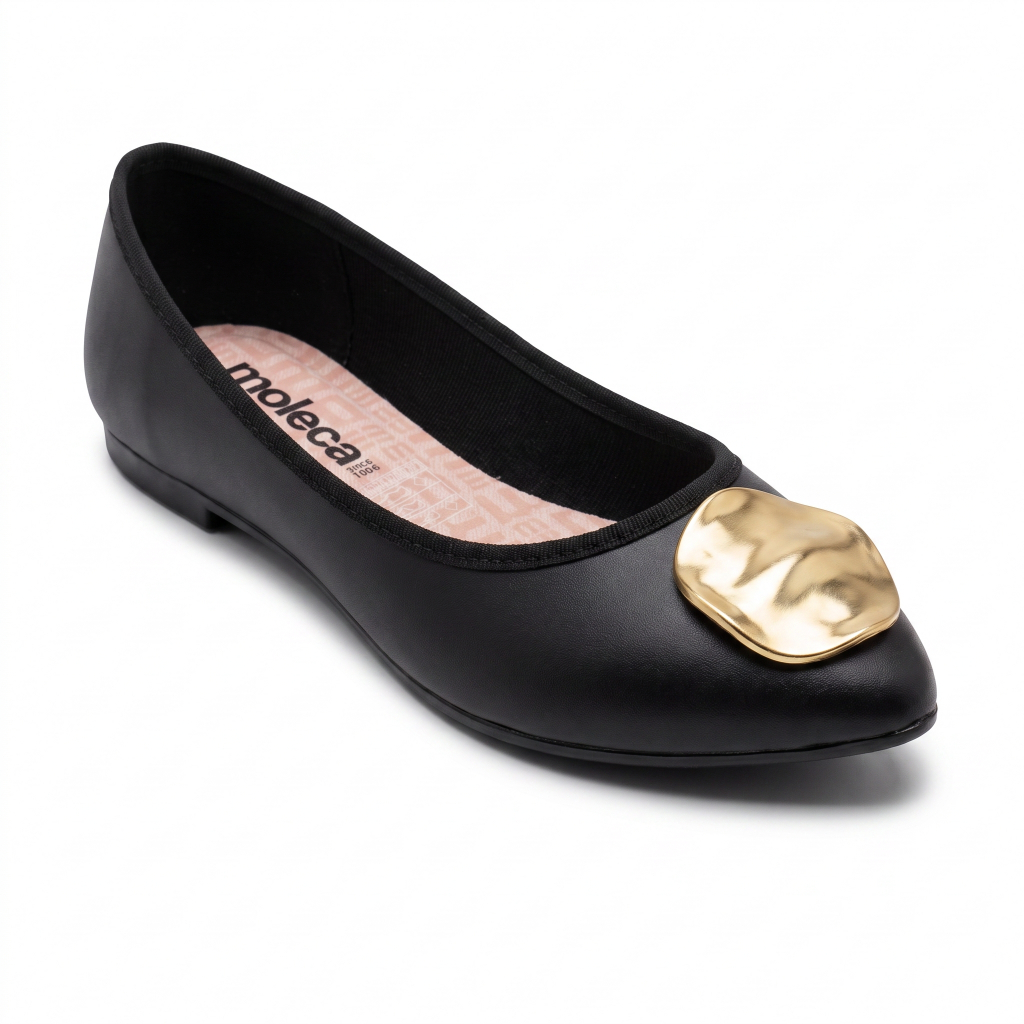 Sapatilha Moleca Feminina Bico Redondo Detalhe Dourado Confortável Casual Elegante Dia a Dia