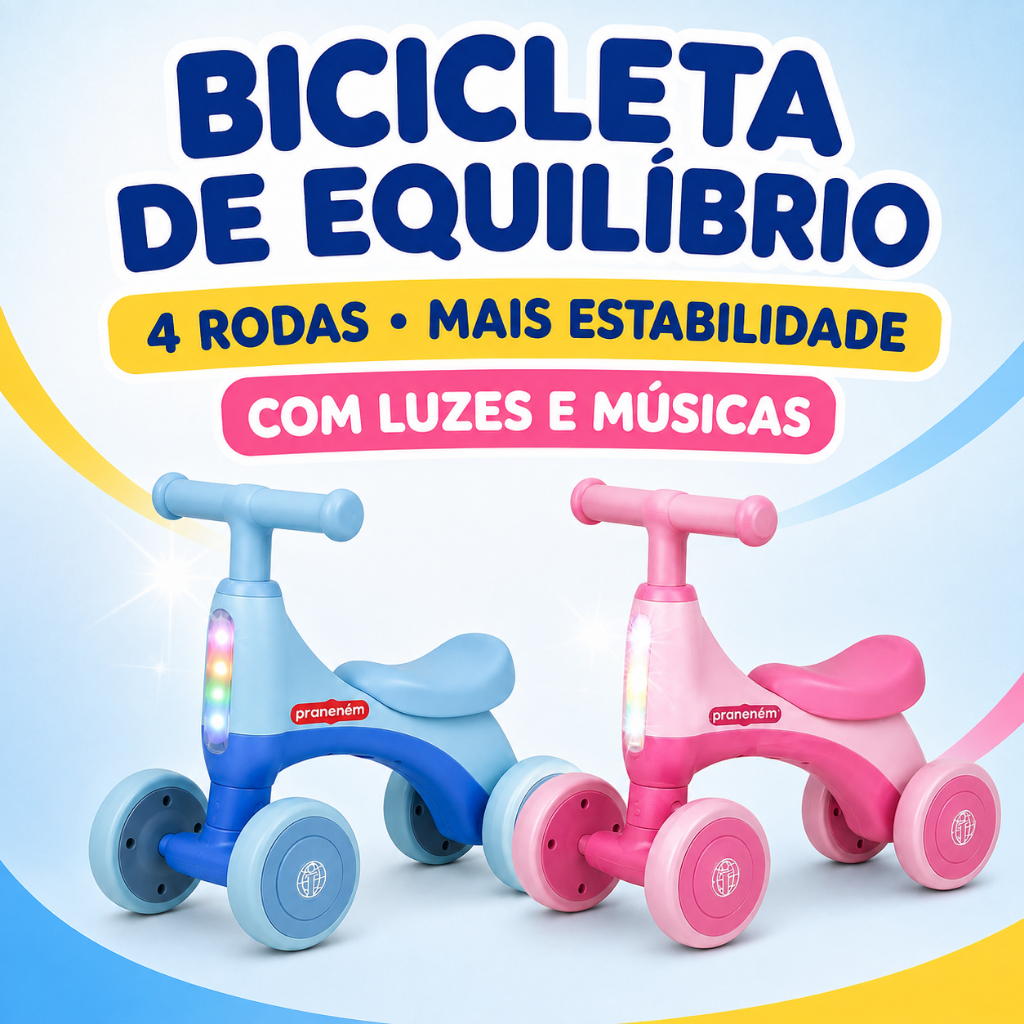 🚲 Bicicleta Infantil de Equilíbrio 4 Rodas com Luzes e Músicas Azul ou Rosa +18 Meses
