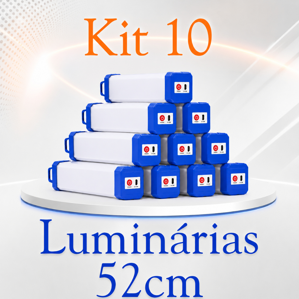 Kit 10 Luminárias LED Recarregáveis USB Magnéticas 60W 52 cm com Gancho para Emergência Casa Oficina Viagens e Aventuras