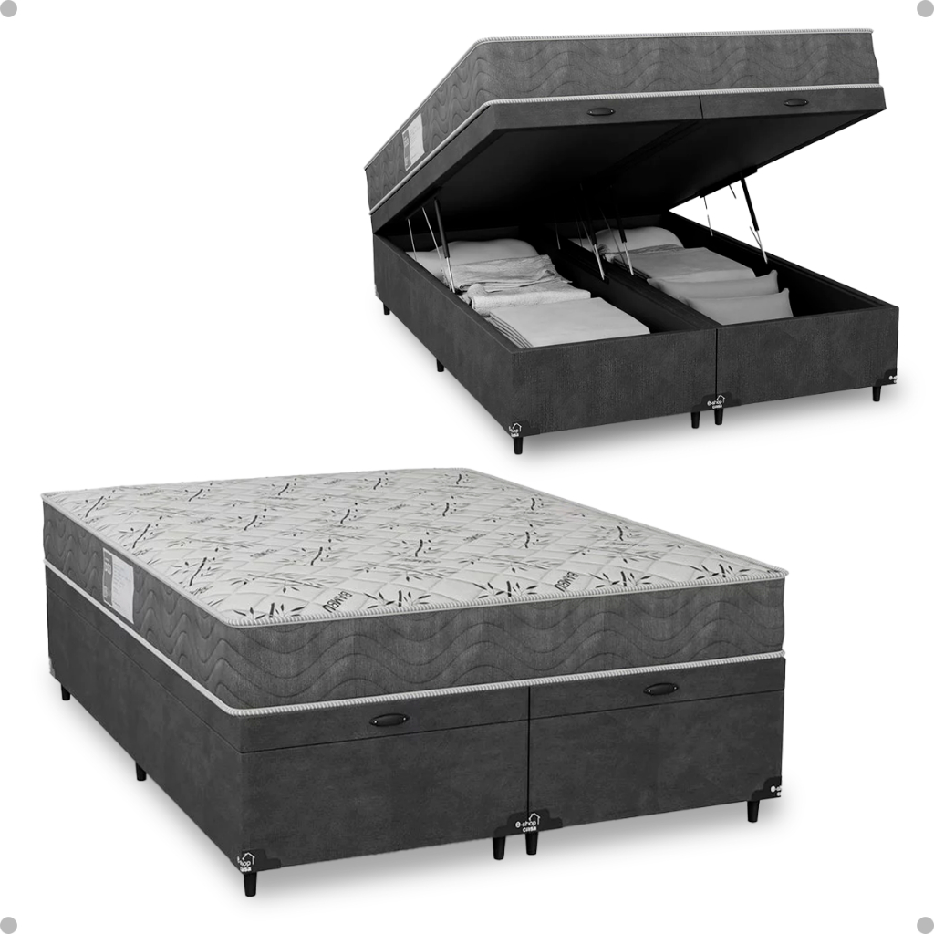 Cama Box Baú Casal Bipartido + Colchão D33 One Face - Suede Cinza - e-Shop Casa