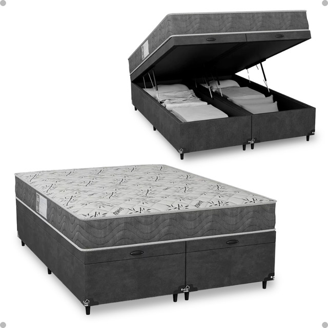 Cama Box Baú Casal Bipartido + Colchão D33 One Face - Suede Cinza - e-Shop Casa