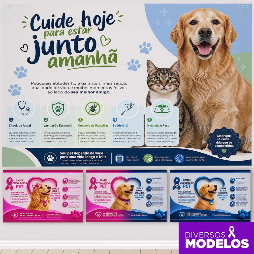 Painel Pet Outubro Rosa Campanha Conscientização Decoração Pet Shop Retangular Horizontal Sublimado Tecido