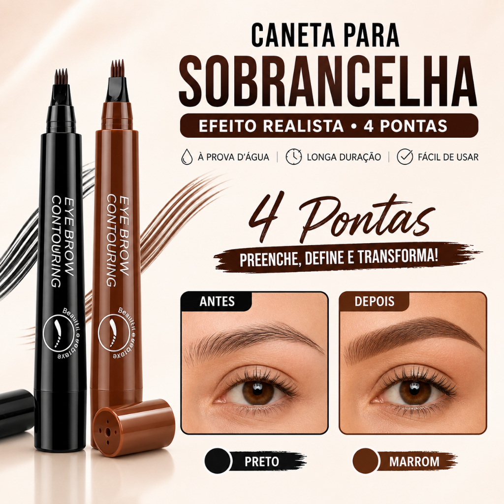 Lápis, Caneta Sobrancelha 4 Pontas Fio a Fio Efeito Natural Preto ou Marrom Efeito Microblading