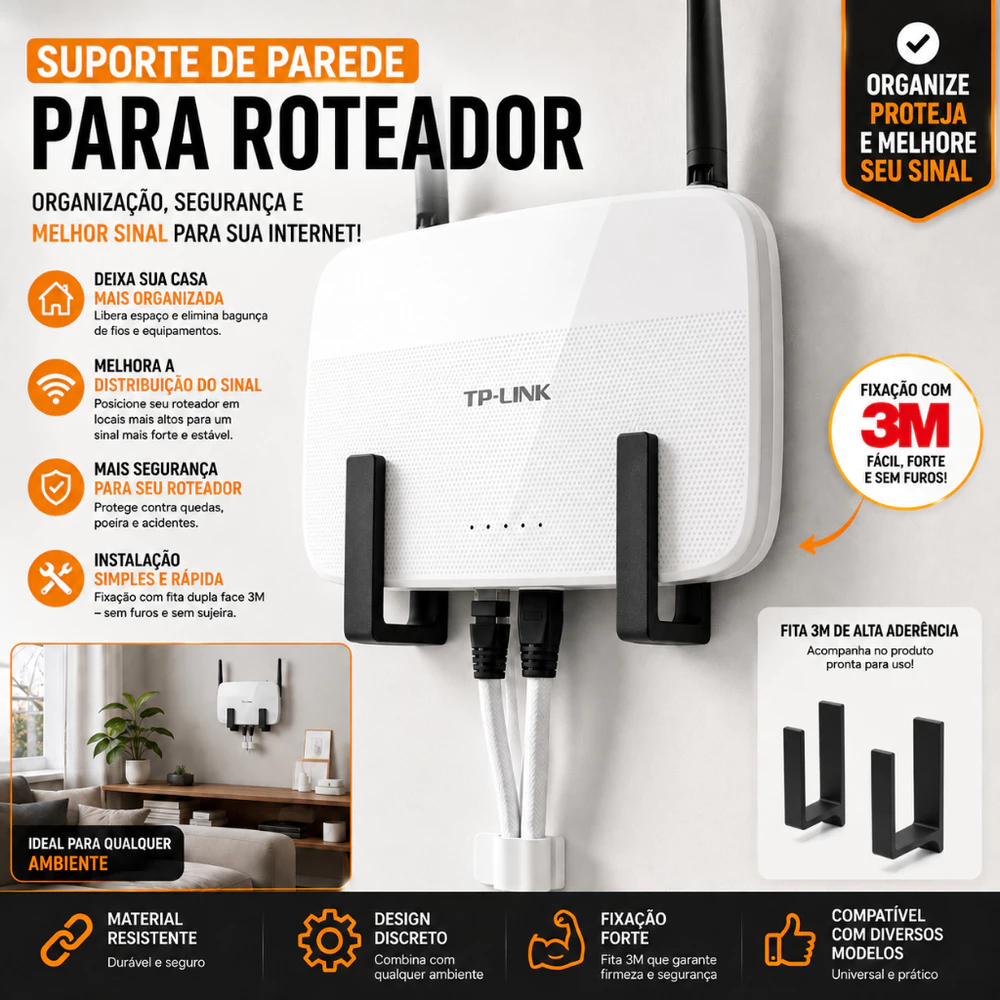 Suporte para Roteador WiFi e Modem de Parede Sem Furo com Fita 3M Adesiva Universal Organizador