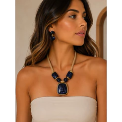 Colar Curto Resina e Corda e Brinco Moda Feminina