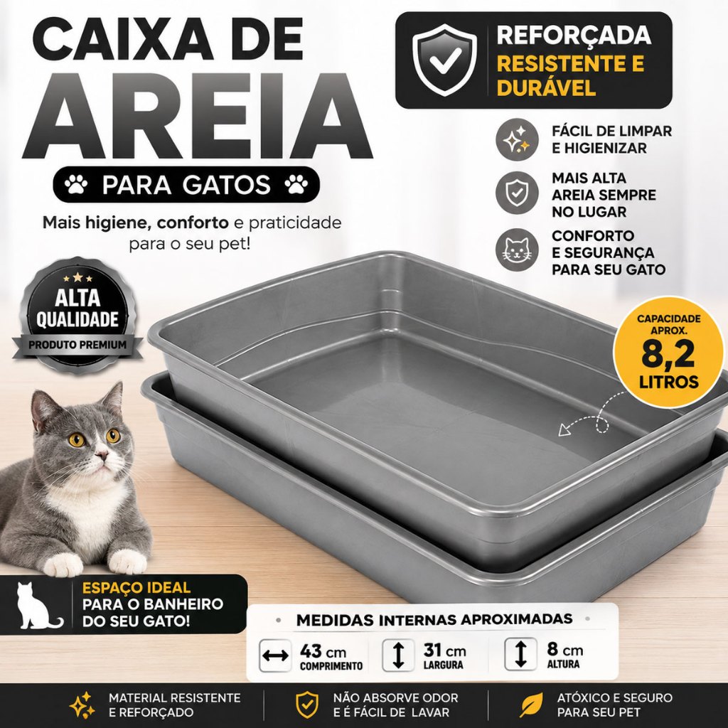 Caixa de Areia para Gato Pet Grande Bandeja Higiênica Banheiro Sanitário Pet 43x31x8cm. Furba.