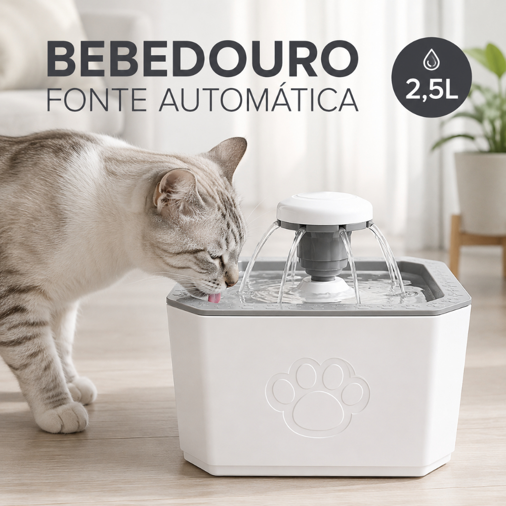 Bebedouro Fonte Automático Para Gatos e Cachorros 2,5L 3 Modos Água Pet Filtro Silencioso USB