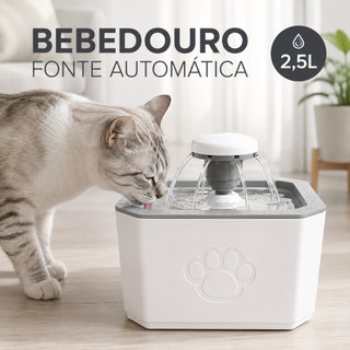 Bebedouro Fonte Automático Para Gatos e Cachorros 2,5L 3 Modos Água Pet Filtro Silencioso USB
