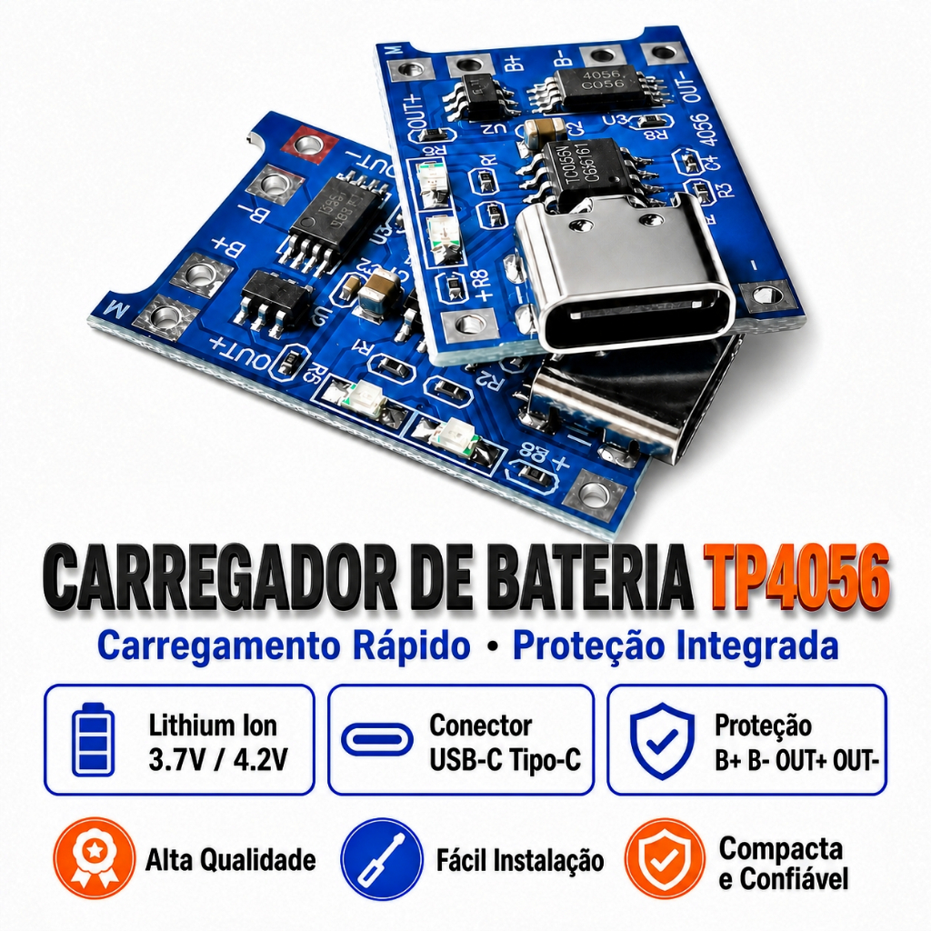 Tp4056 Carregador Usb Tipo C 5v P/ Bateria Littio C/ Proteção