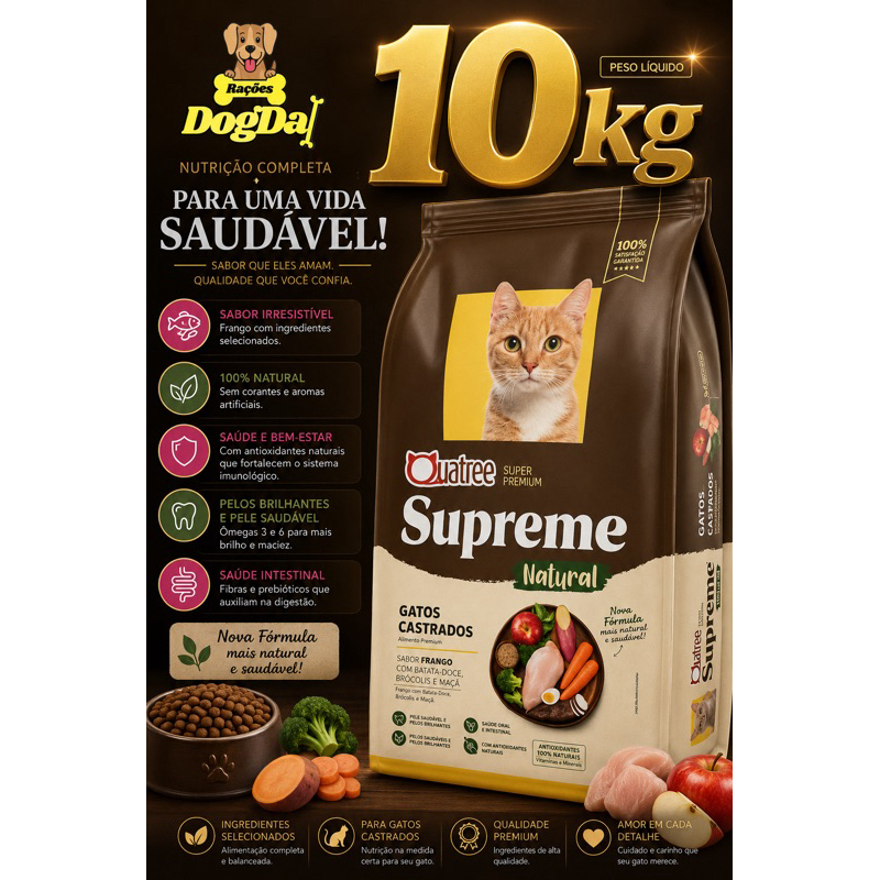 Ração Quatree Supreme Natural Gatos Castrados 10kg Super Premium Frango