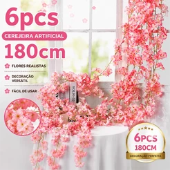 Kit 6 Corrente De Cerejeira Artificial 180cm Flor Rosa Trepadeira Decorativa Jardim Festa Parede