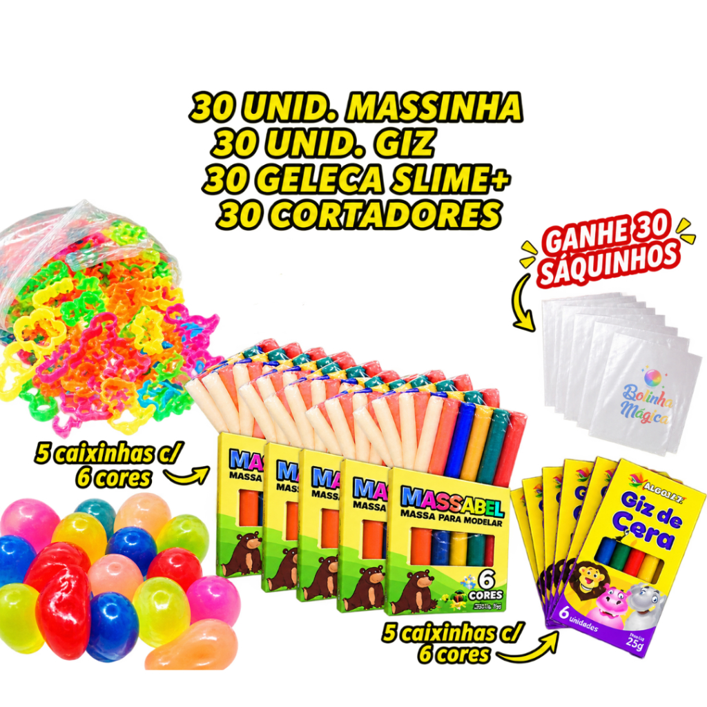Kit 30 Unidades (Massinha de Modelar + Giz de Cera + Cortador+ Slime) Ganhe 30 Saquinho Lembrancinha