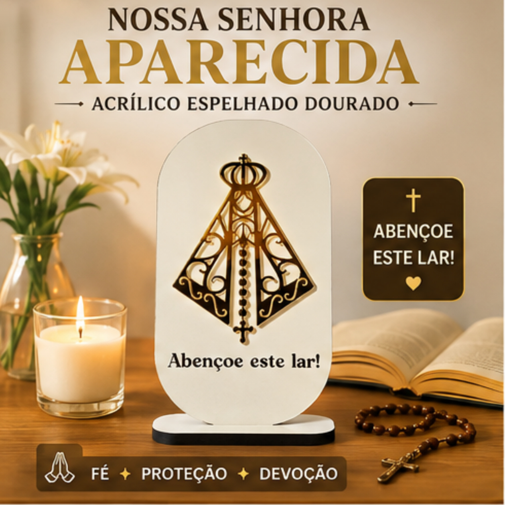 Nossa Senhora Aparecida em Acrílcio Espelhado Moldura em Mdf Enfeite Religioso Decorativo Presente