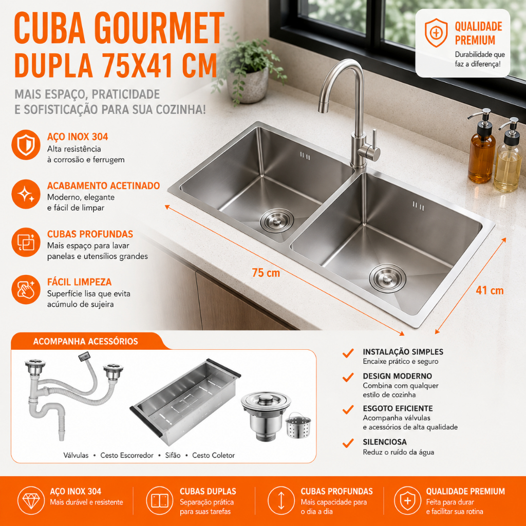 Cuba Dupla Quadrada Inox Cozinha Pia Gourmet Prata 75x41 Escorredor Válvula