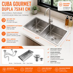 Cuba Dupla Quadrada Inox Cozinha Pia Gourmet Prata 75x41 Escorredor Válvula