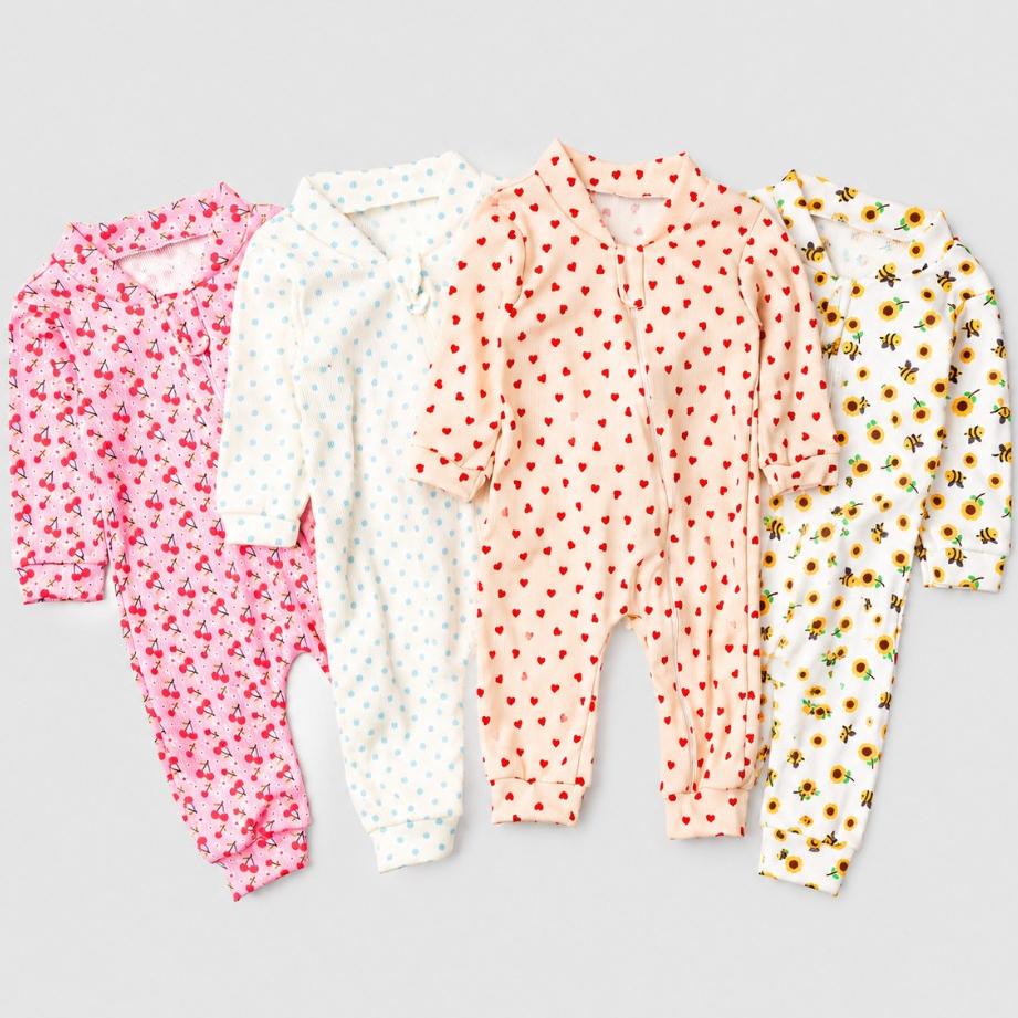 Kit 4 Macacão Canelado Estampado Bebê Zíper Menino E Menina
