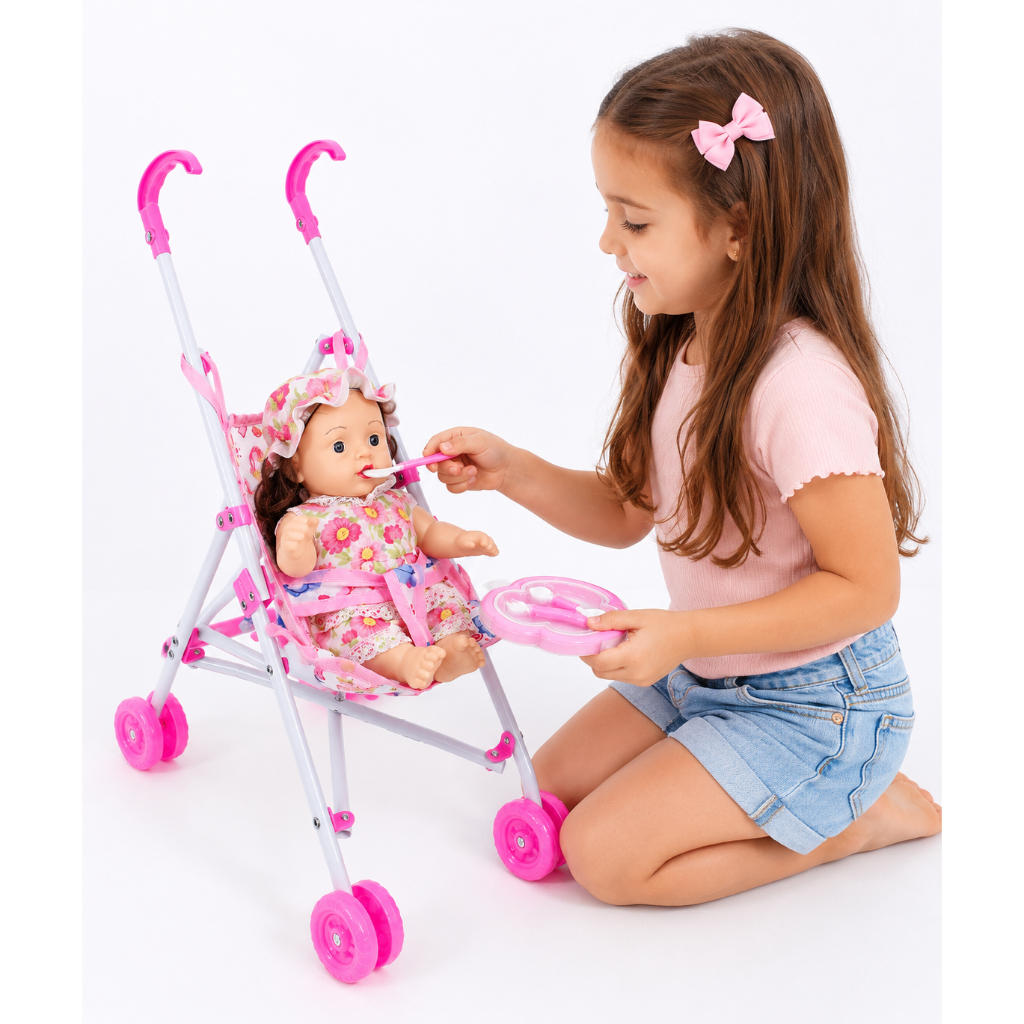 Carrinho De Boneca Dobrável Infantil Com Boneca E Acessórios