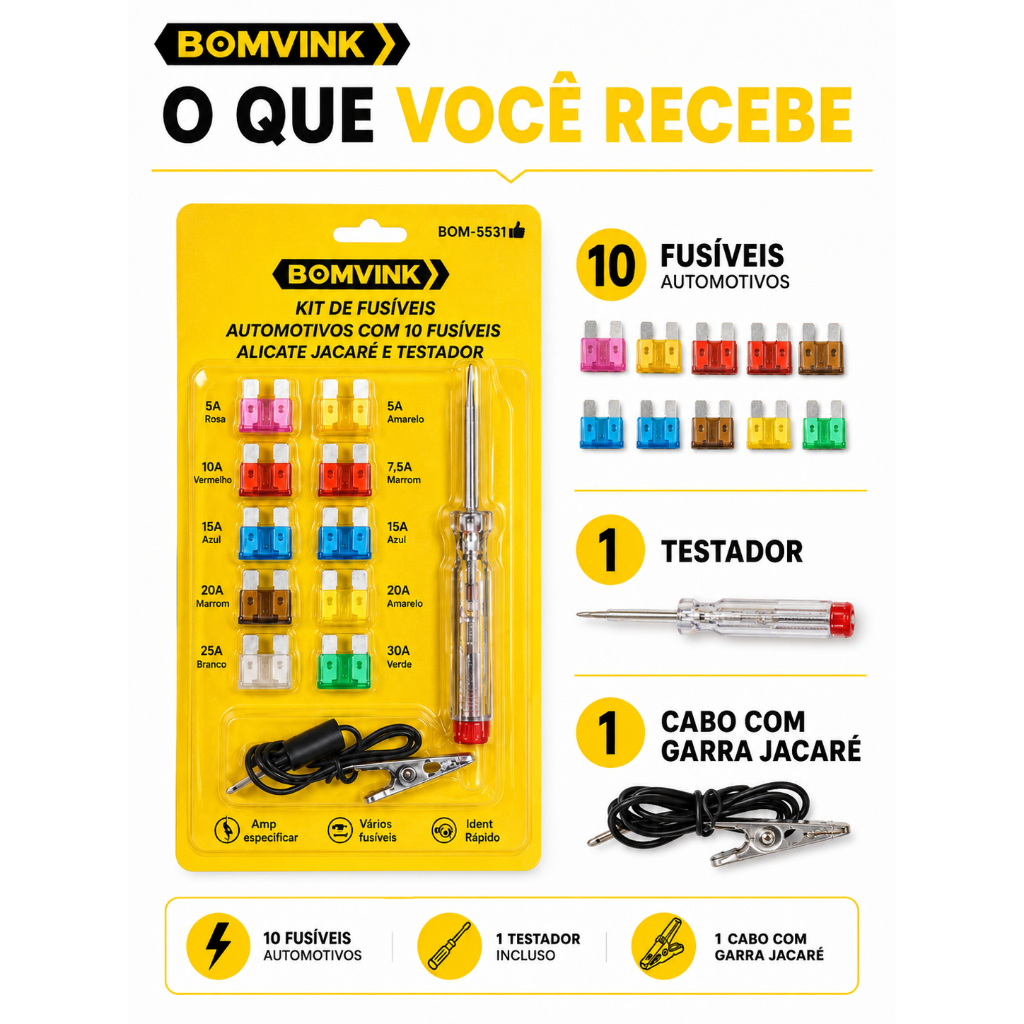 Kit Fusivel Carro Moto com Testador Identifica Queimado Extrator e Garra