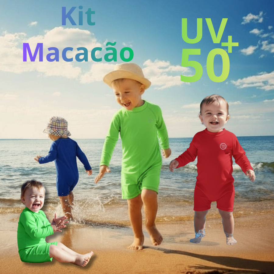 Kit Macacão Bebê Romper Infantil UV50+ Proteção Solar Menino Menina Verão Praia