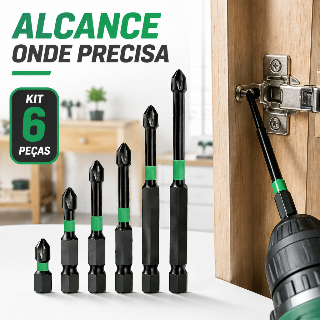 Bits Phillips PH2 Magnético Anti-Impacto - KIT 6 (25-150mm) em Aço S2 Anti Derrapante com Sextavado 1/4