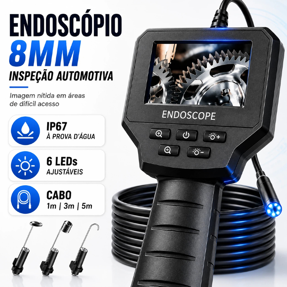 Endoscópio de inspeção automotiva de mão de 8mm, com luz LED à prova d'água e cabo de 1m/3m/5m