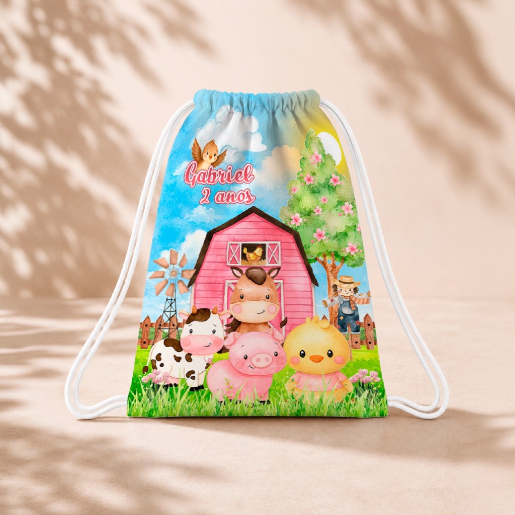 10 Mochila Personalizada Infantil 18x26 Sacolinhas Surpresa Festa Aniversário Lembrancinha Fazendinha Aquarela Rosa