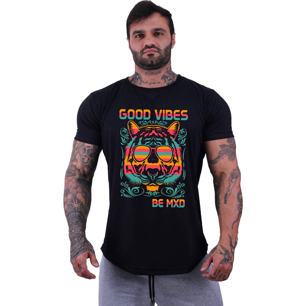 Camiseta Longline Masculina MXD Conceito Academia Musculação Casual Lion Good Vibes Estampas