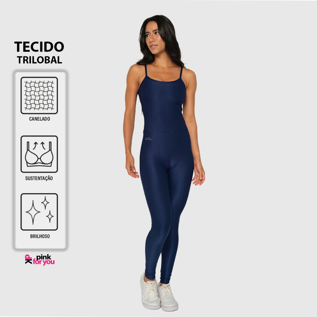 Macacão Fitness Canelado Brilhoso Lux Trilobal Alcinha Slim Longo Crossfit