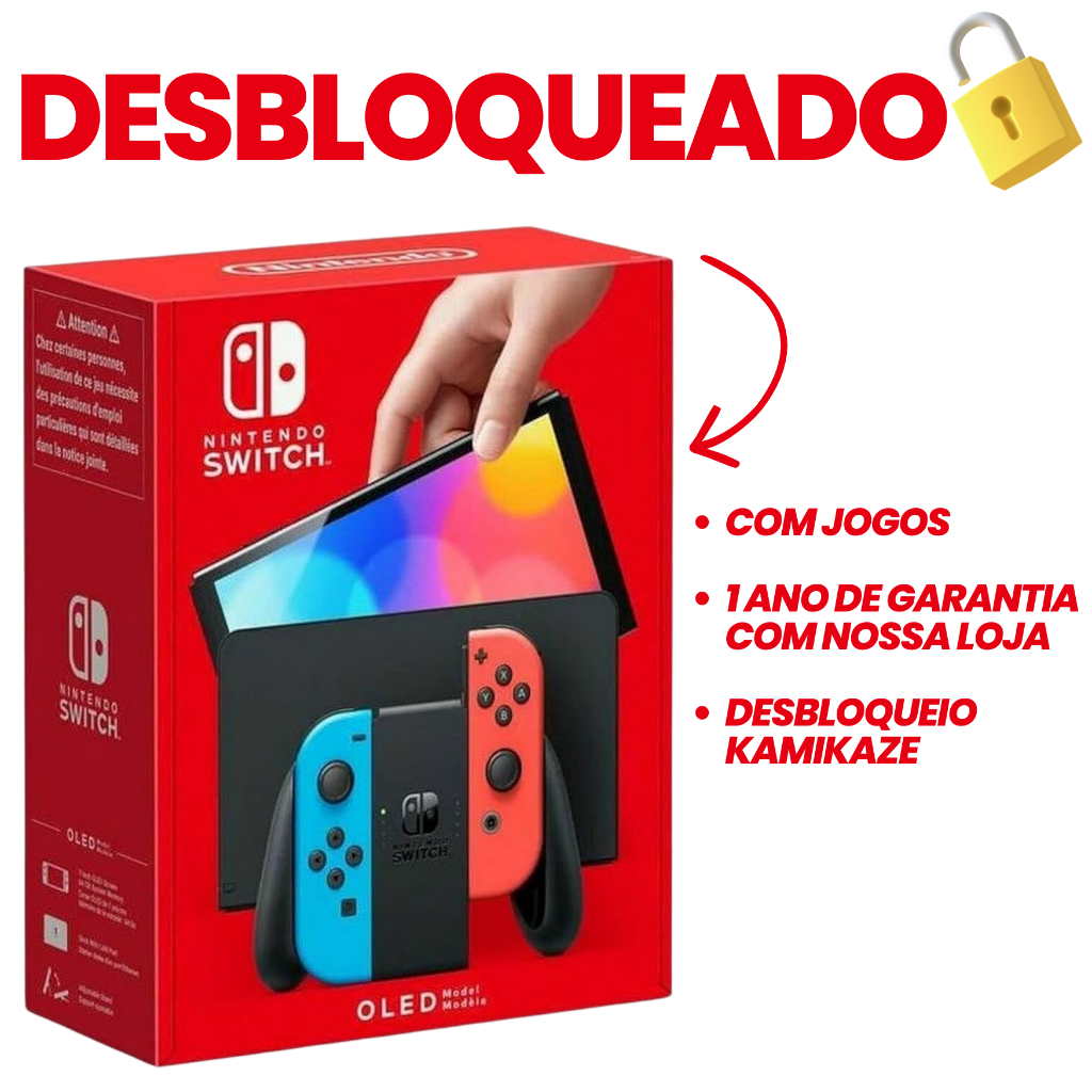 Nintendo Switch OLED Azul e Vermelho Neon Desbloqueado Novo Cartão SD Original Garantia