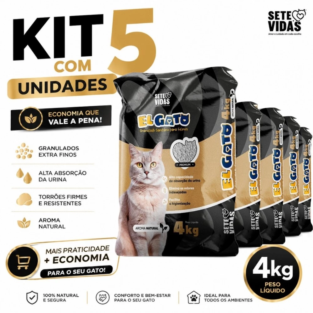 Kit 5 Areia Sanitária Higiênica El Gato Premium Extra fina Anti Odor Sete Vidas 20 kg Total