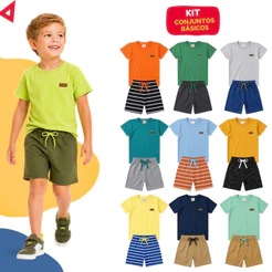 Kit Básico 8 Peças Roupa Infantil Menino Verão Conjunto Liso Masculino Algodão Tamanho 1 ao 14
