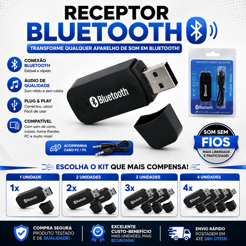 Receptor Bluetooth USB 3,5mm para Som Automotivo e Caixa de Som