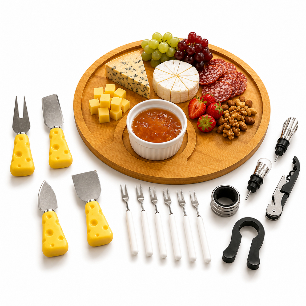 Kit Petisqueira Redonda + 6 Garfos Para Frios e Queijos Gamela MDF