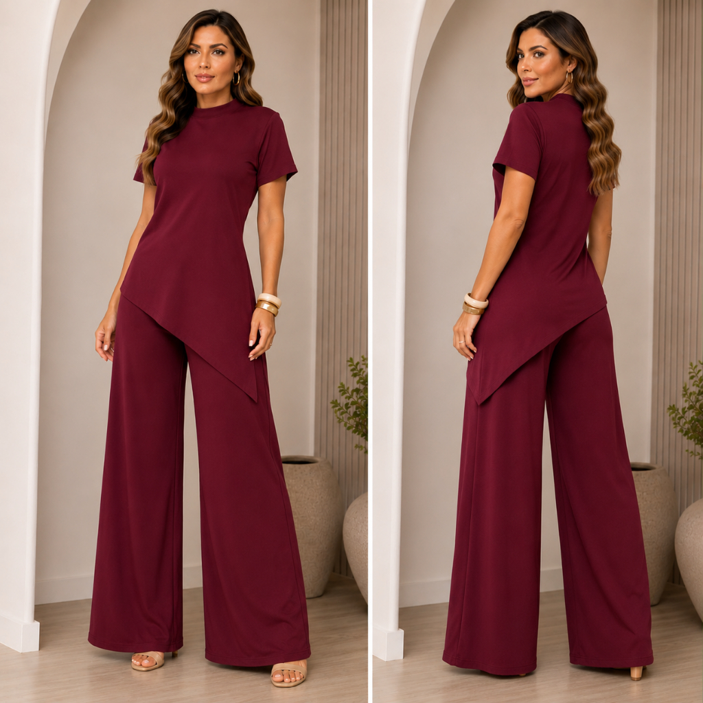 Conjunto Feminino Blusa Assimétrica Chic Elegante e Calça Pantalona Tendência Moda Blogueira Premium Blusa Manga Curta