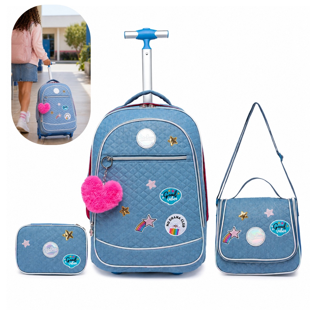 Kit Mochila Lancheira Estojo Juvenil Menina Escolar Espaçosa Reforçada