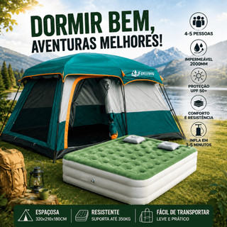 Barraca de Camping 5-8 Pessoas Grande com Varanda Impermeável Espaçosa e Respirável com Colchão Inflável