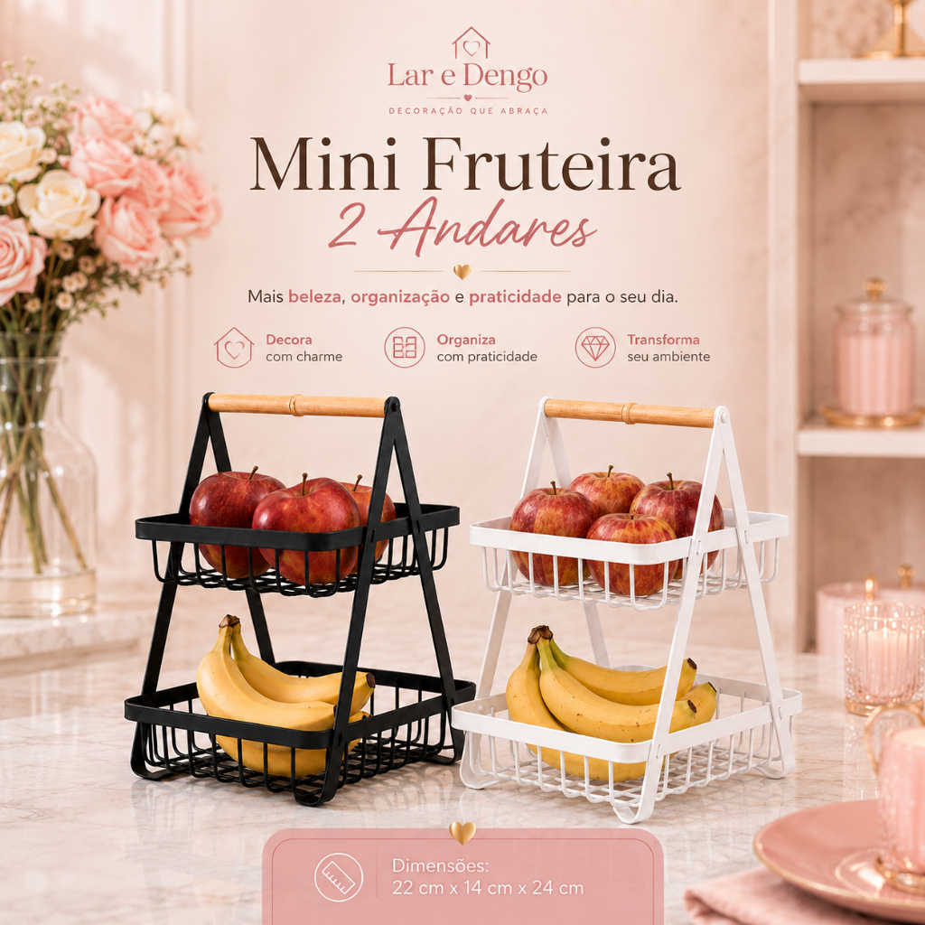 Mini Fruteira Compacta 2 Andares Preta ou Branca com Alça de Bambu Organizador de Frutas para Cozinha