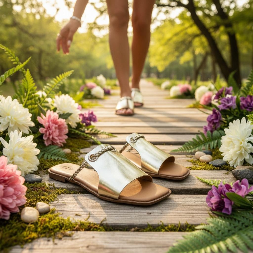 Sandalia Rasteira Feminina Tiras Trançadas com Enfeite Elegante Confortável Leve Bico Quadrado Casual Verão Slide